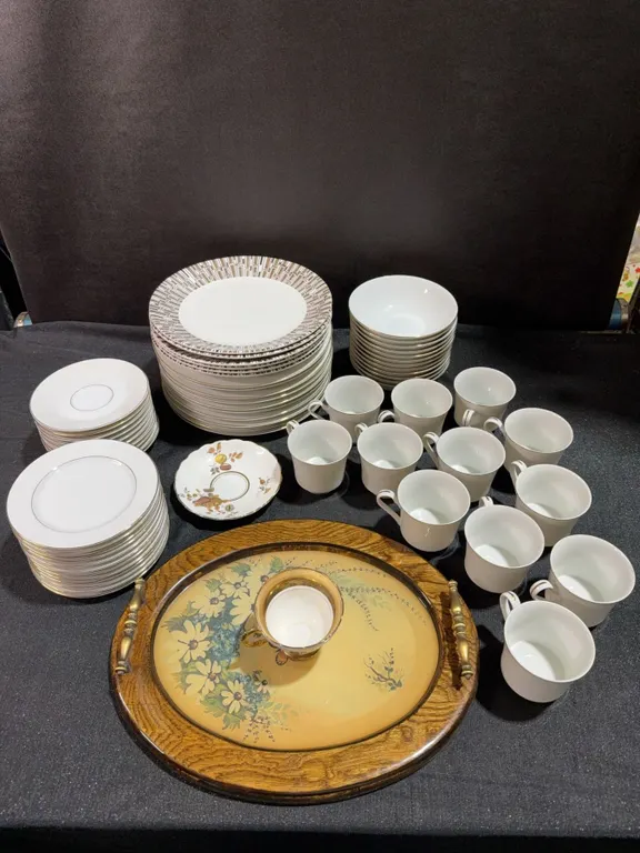 Tiffany Fine China Dinnerware Set with Roslyn Pieces and Charlotte Young Tray