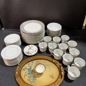 Tiffany Fine China Dinnerware Set with Roslyn Pieces and Charlotte Young Tray