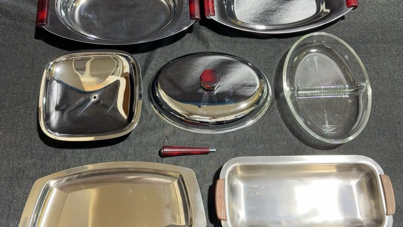 Vintage Stainless Steel and Glass Holloware Set with Dolphin and Gourmates Pieces