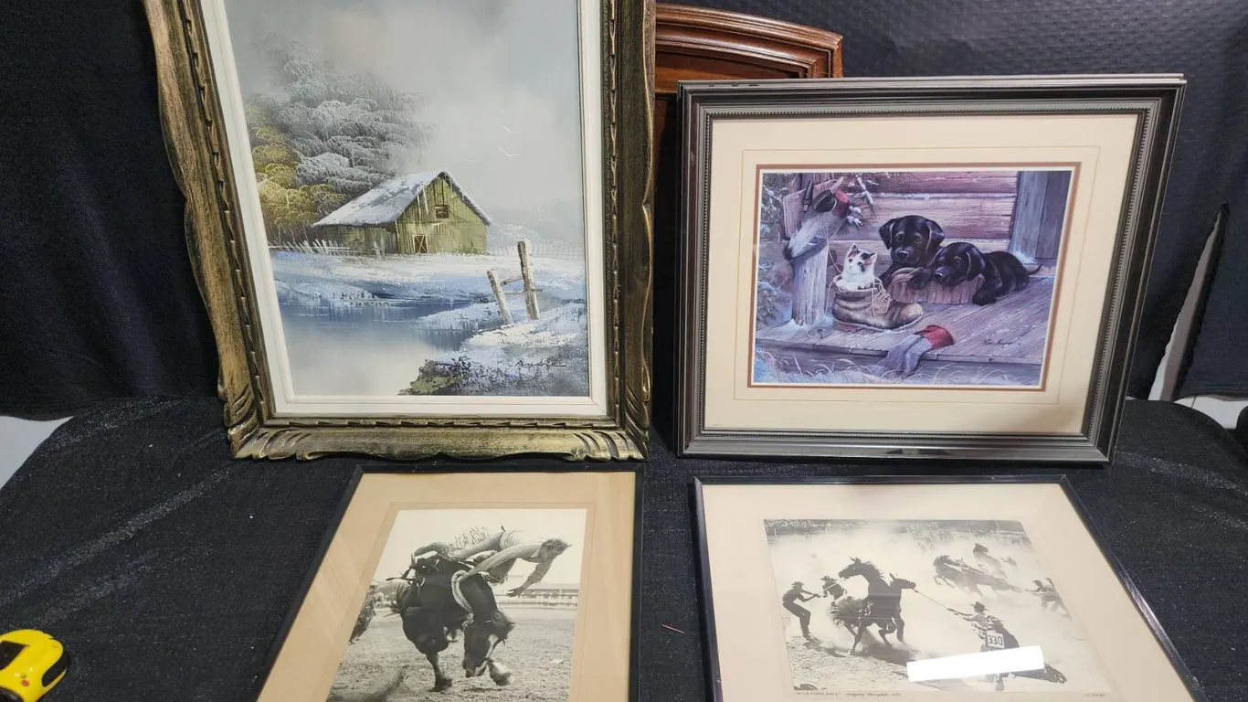4 Framed Artworks: Signed Winter Barn, Dogs & Cat, 1952 Calgary Rodeo