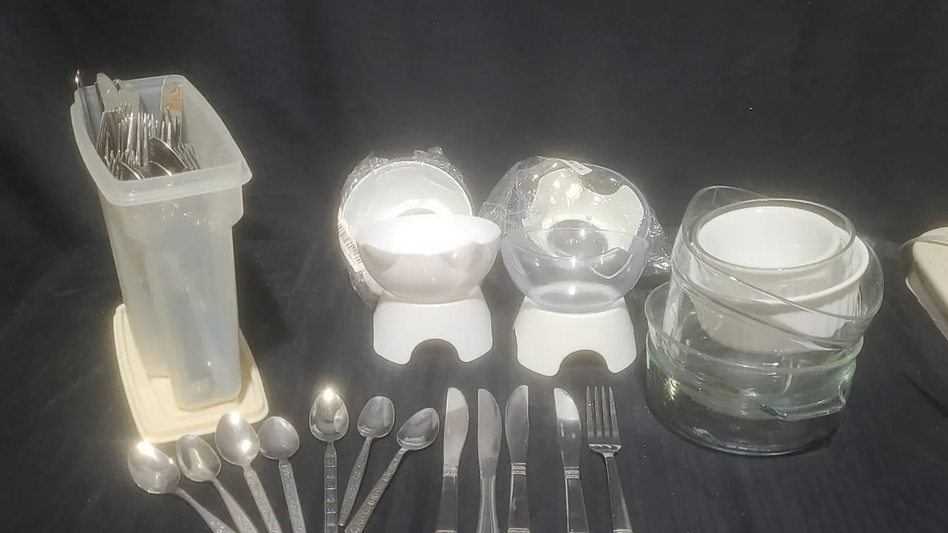 Kitchenware Lot With Flatware, Cat-Shaped Bowls, and Glassware