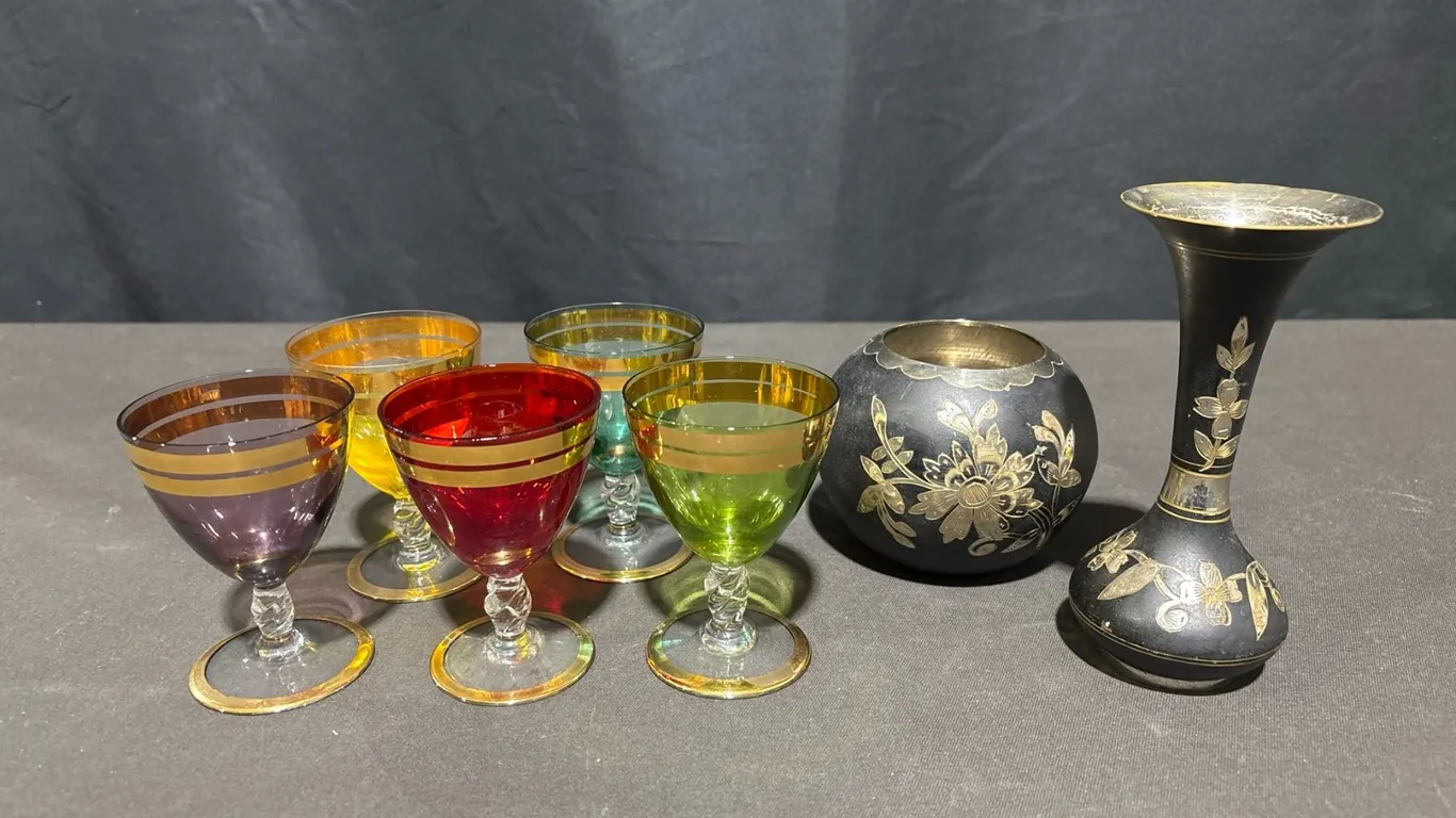 5 Coloured Glass Stemware And 2 Metal Vases With Floral Designs