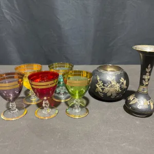 5 Coloured Glass Stemware And 2 Metal Vases With Floral Designs