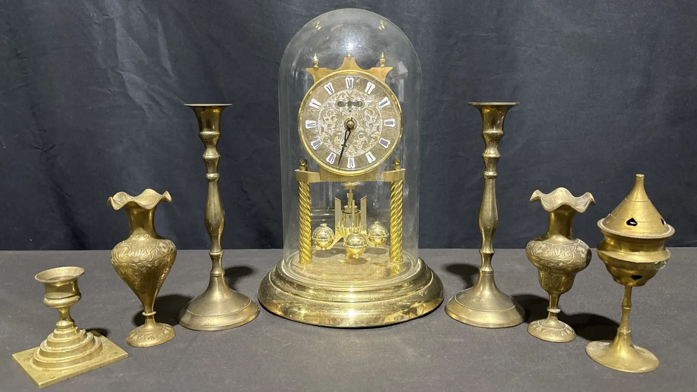 Brass Mantel Clock with Dome and Assorted Indian Brass Decor
