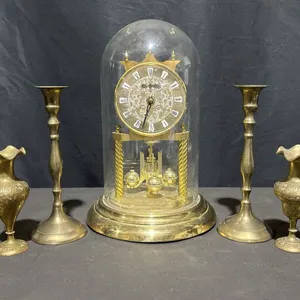 Brass Mantel Clock with Dome and Assorted Indian Brass Decor