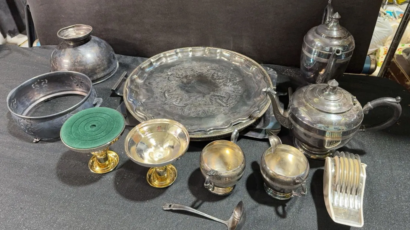 Silver Plate Tea Set, Trays, Bowls, Stands and Flatware Collection