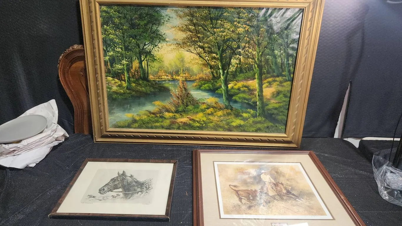 Three Framed Artworks: Landscape Oil, 1983 Cowboy Print, Horse Etching, Various Sizes
