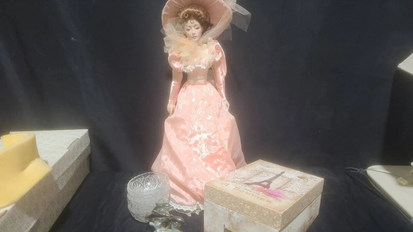 Franklin Heirloom Doll, Glass Bowls, Porcelain Dolphin Figurine, Keepsake Box