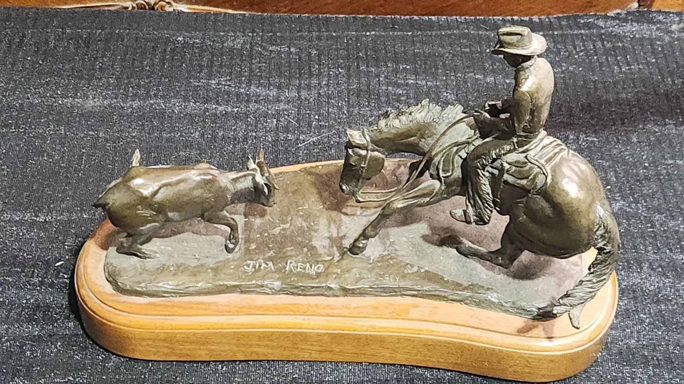 Jim Reno Bronze Western Cowboy and Calf Sculpture