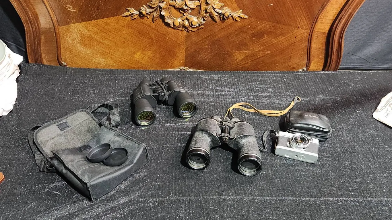 Konica C35 Film Camera With Hexanon Lens and Case Plus Two Binoculars