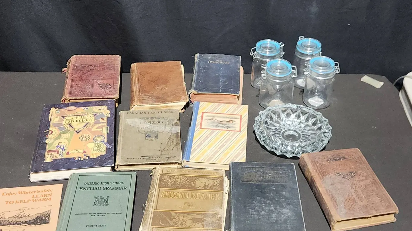 Vintage Books, Glass Storage Jars, and Cut Glass Bowl