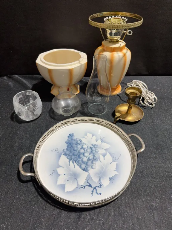 Decorative Lot: Ceramic Pieces, Brass Candle Holder, Glassware, and Serving Tray