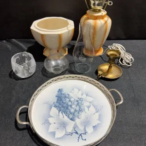 Decorative Lot: Ceramic Pieces, Brass Candle Holder, Glassware, and Serving Tray