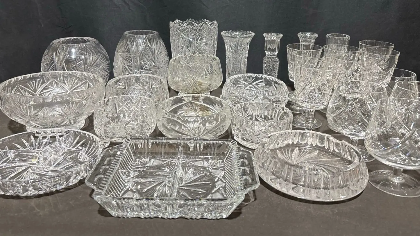 Cut Crystal Tableware Selection, Including Bowls, Glasses, and Candlesticks
