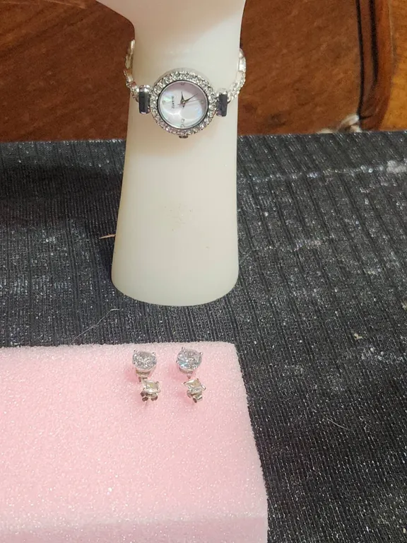 Sterling Silver 925 Cubic Zirconia Stud Earrings and Rhinestone Quartz Watch Set