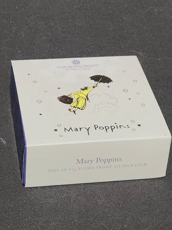 2025 UK 50p Silver Proof Mary Poppins Colour Coin, Royal Mint COA, Box