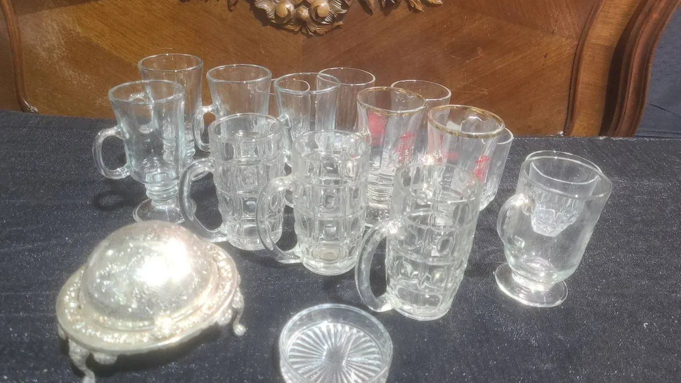 14 Assorted Mini Glass Mugs & Tumblers, Silver Plate Butter Dish