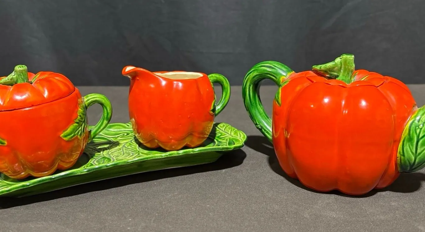 Occupied Japan Ceramic Pumpkin Teapot Sugar and Creamer Set