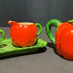 Occupied Japan Ceramic Pumpkin Teapot Sugar and Creamer Set