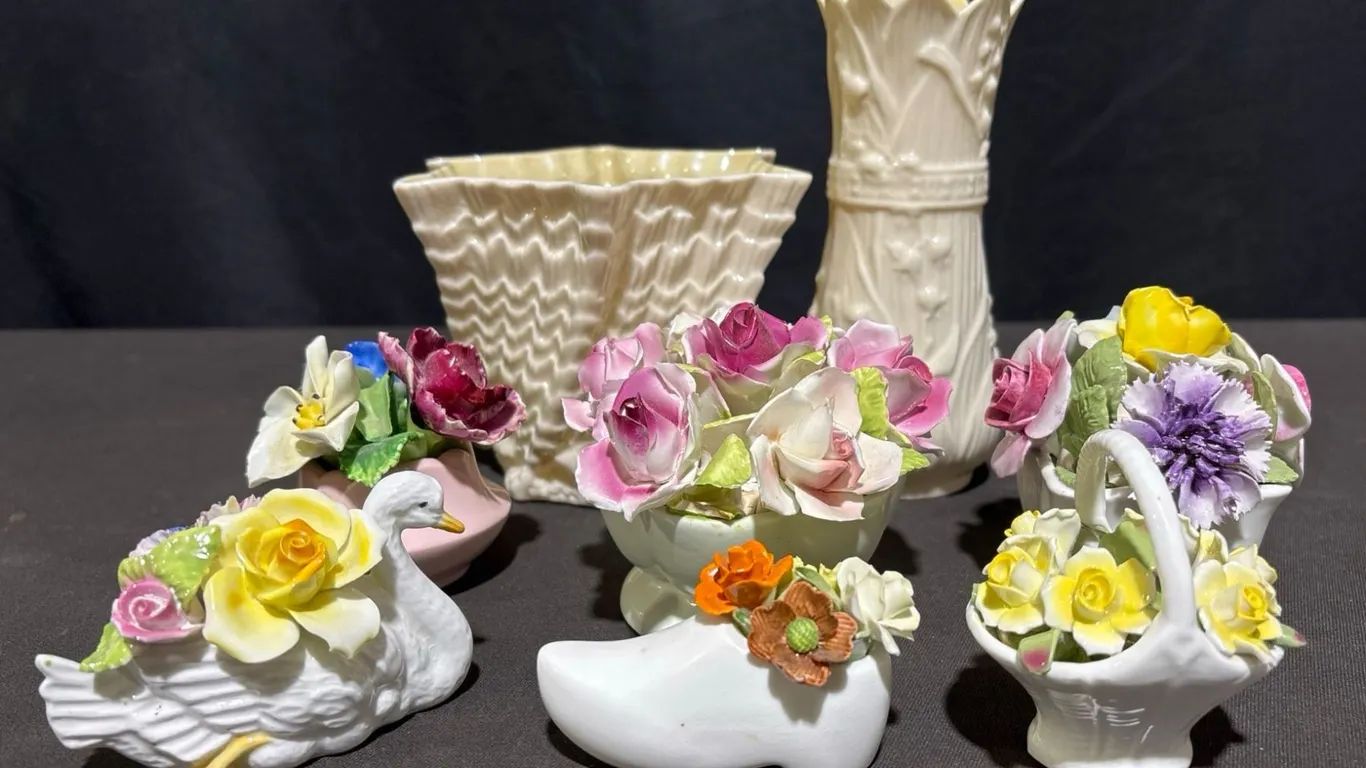English Bone China Floral Figurines and Belleek Ivory Porcelain Vases