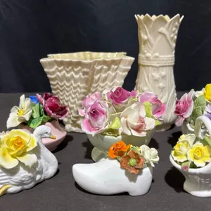 English Bone China Floral Figurines and Belleek Ivory Porcelain Vases