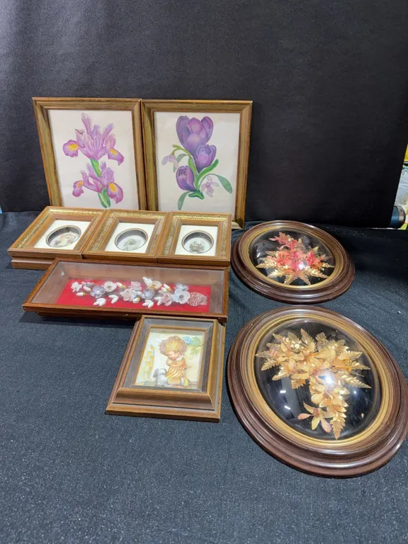 Framed Art and Hawaiian Gold-Plated Flower Plaques Lot