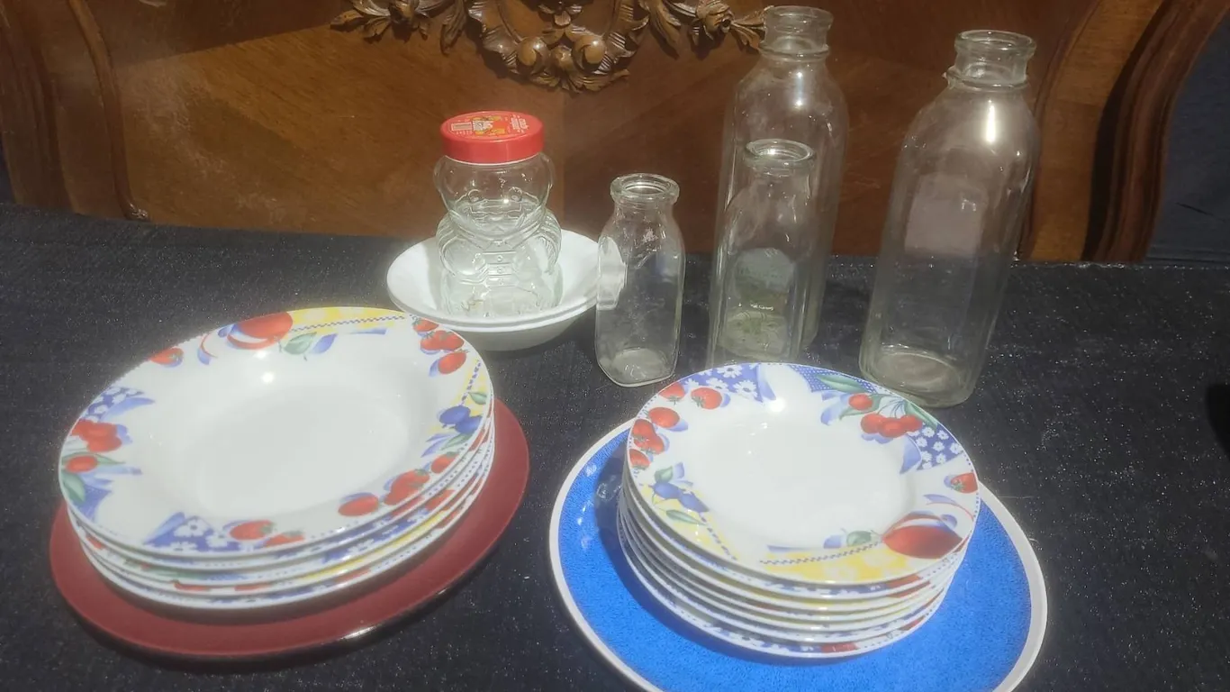 Corelle and Imperial Table Dinnerware, Glass Bottles and Bear Jar Assortment