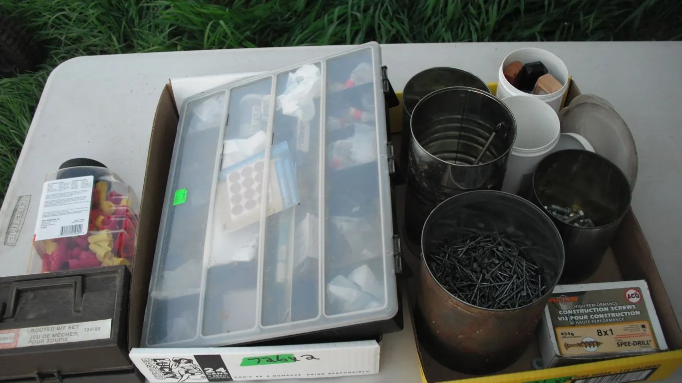 assorted nails, electric fittings, hardware, etc.