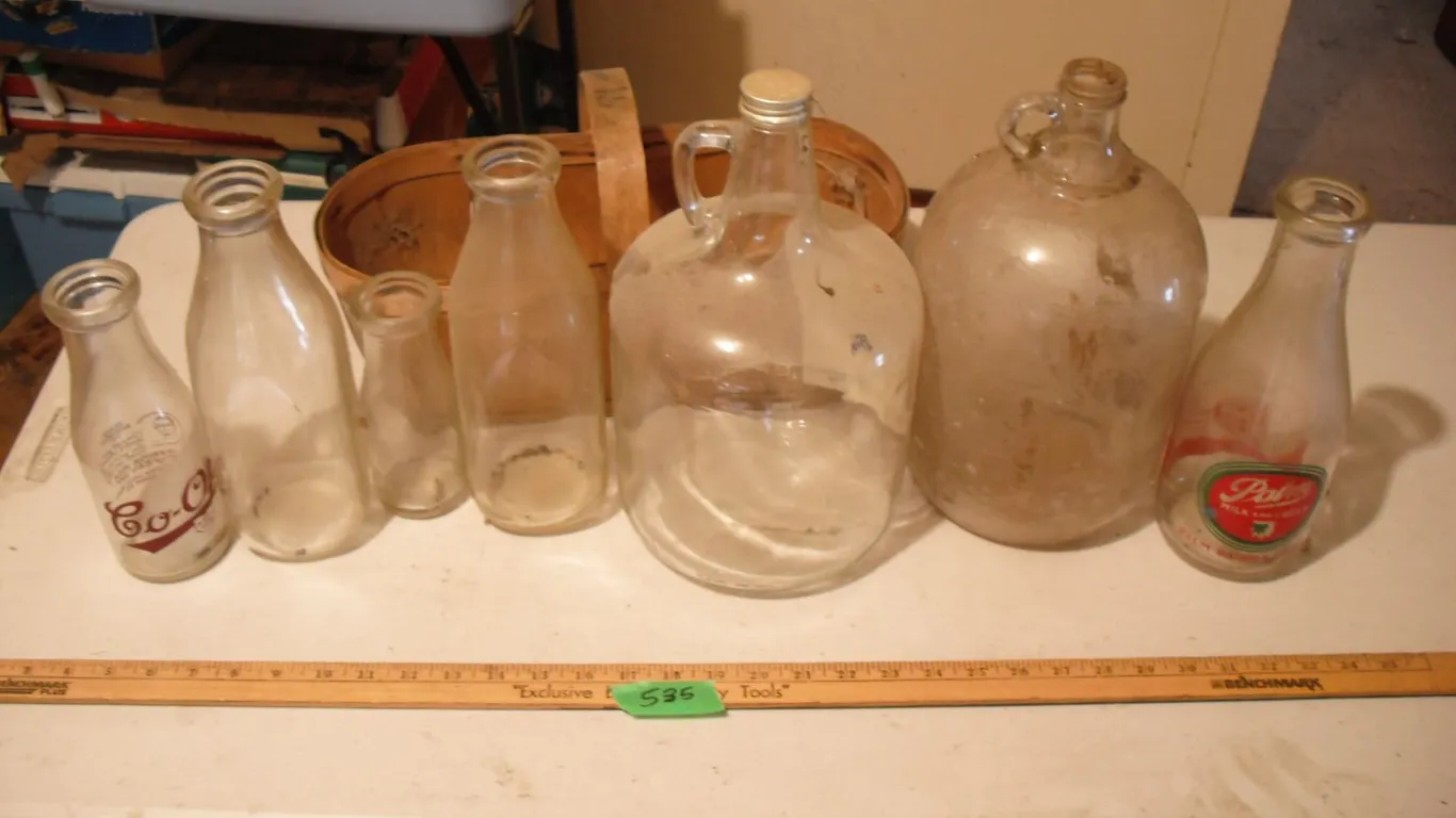 lot of milk bottles, jugs and basket - Co-op, Palm