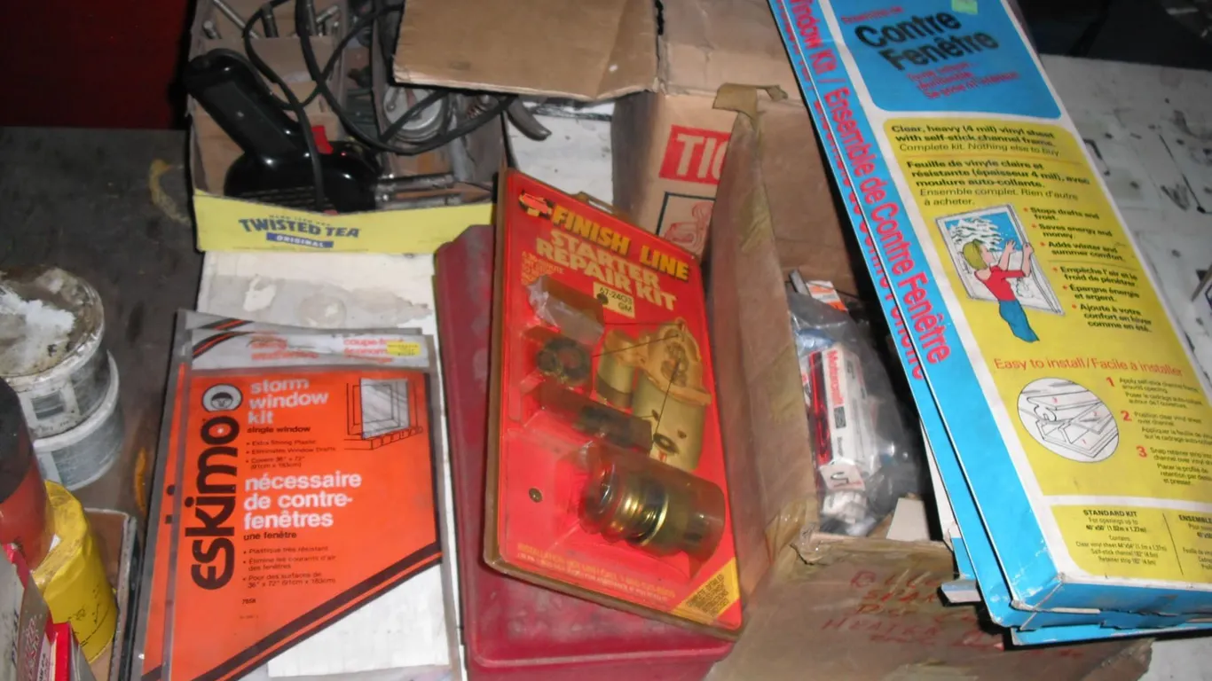 repairs kits, soldering irom, storm window kits, spark plugs, etc.