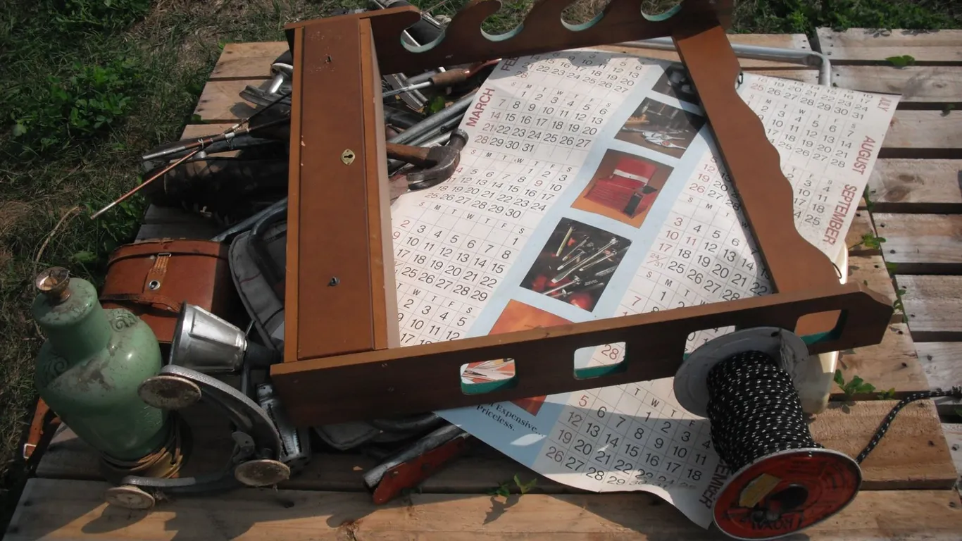 pallet with rack, snap-on calendar, ice skates, etc.