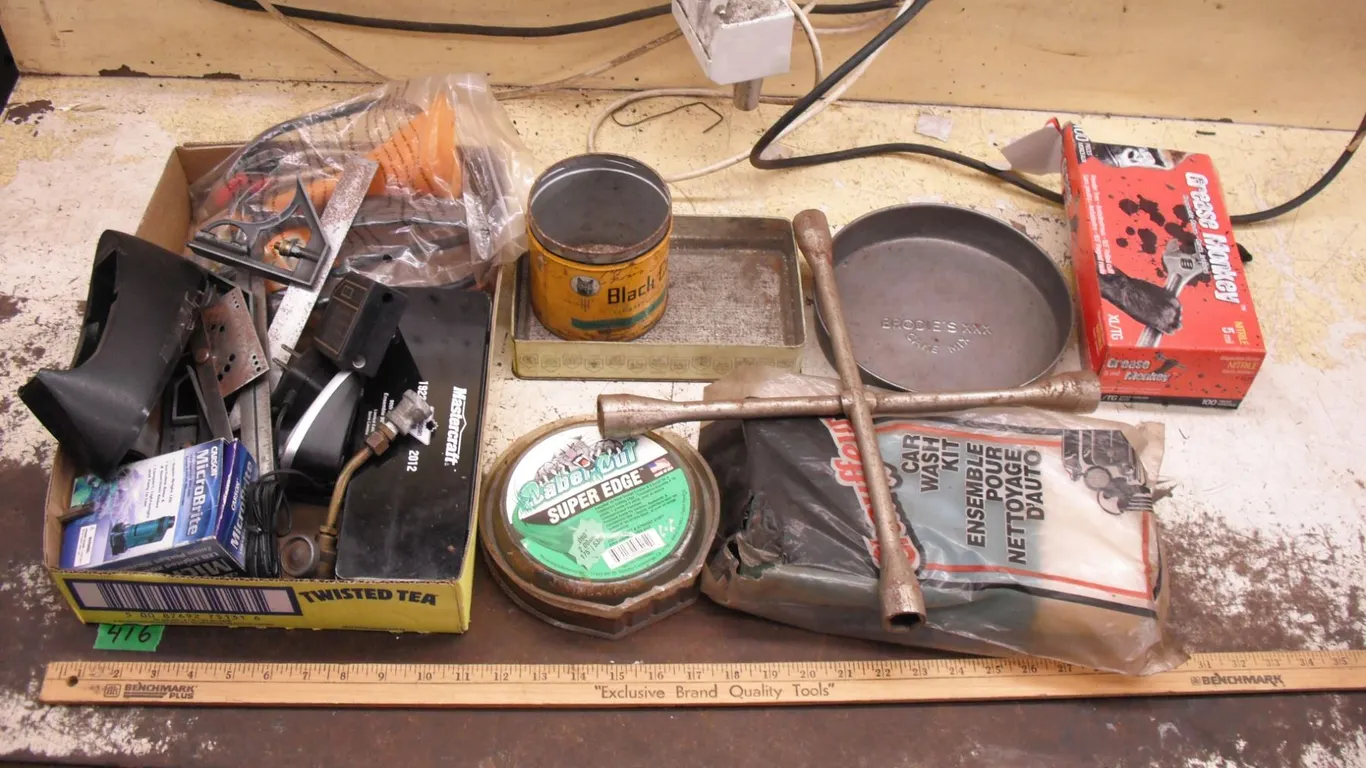 car wash kit, measurement tools, micrometer, weedwhacker wire, etc.