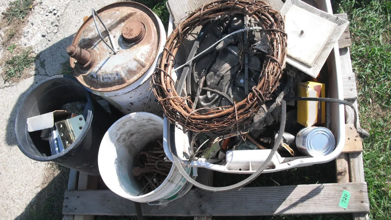 pallet lot - fuel can, hinges, seals, etc.