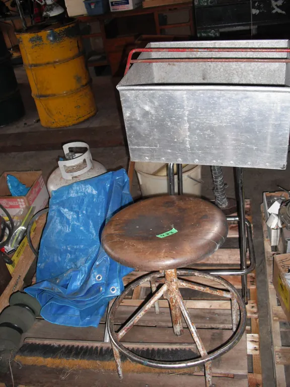 pallet lot - tarp, stool, broom, creeper, tiger torch, shotgun casings, etc.