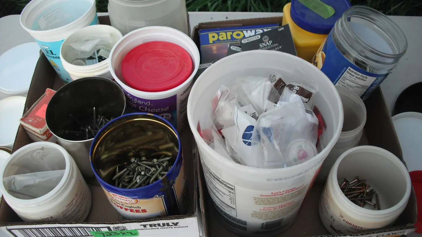 assorted screws, nails, hardware, etc.