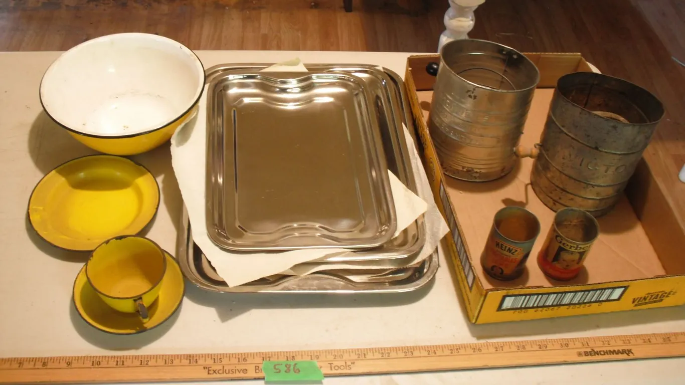 enamelware bowl, plate, teacup and saucer + trays and vintage sifters