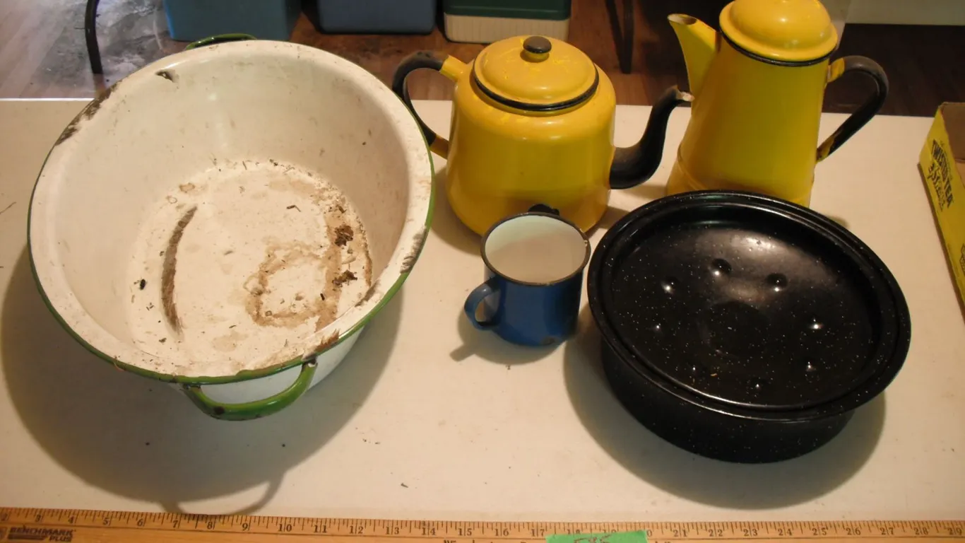 enamelware teapots, roaster pan, mug