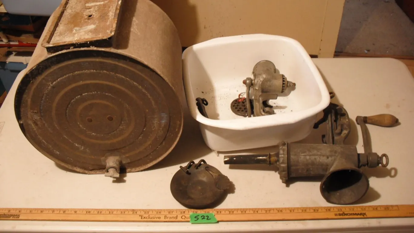 2 meat grinders, botter churn and tray