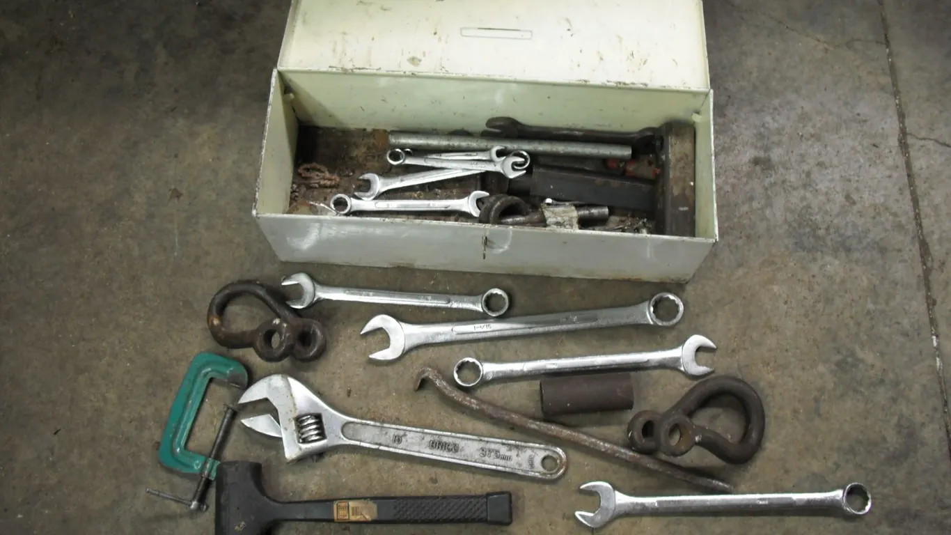 tool box with wrenches, mallet, etc.