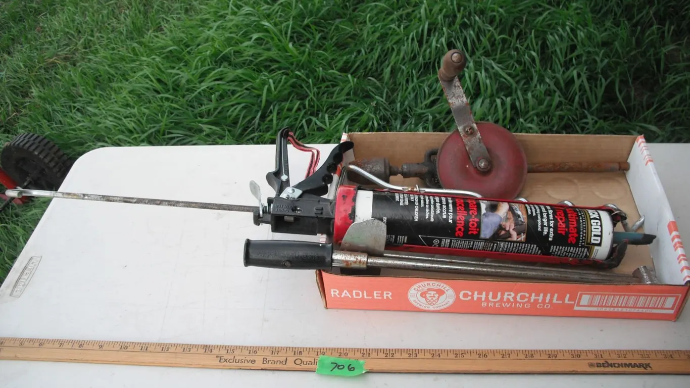 caulking gun, hand drill, torque wrench