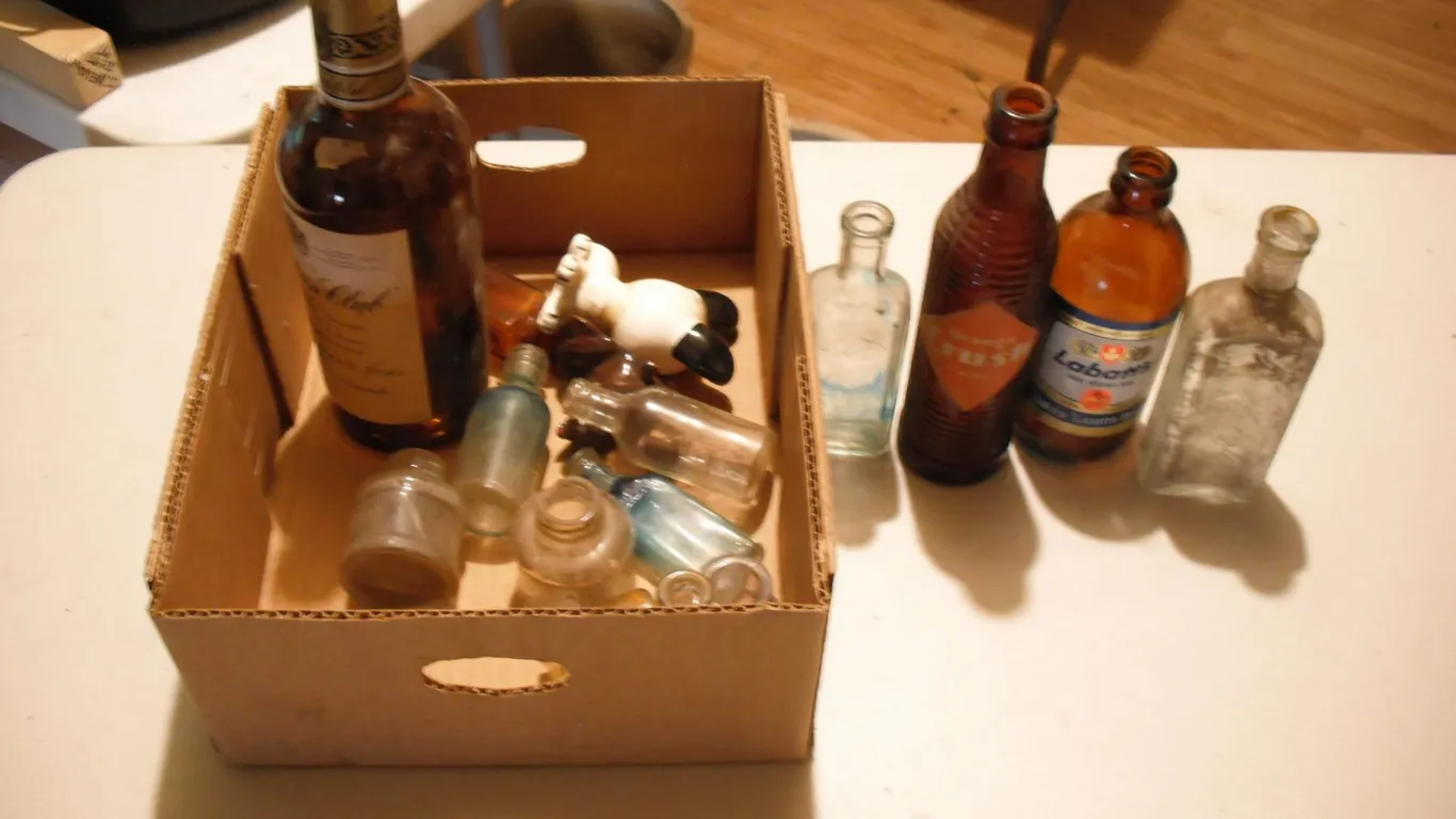 lot of vintage bottles - orange crush, ink bottles, etc.