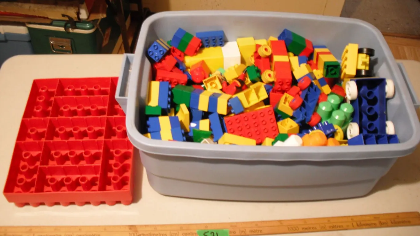 lot of mainly duplo bricks in tote