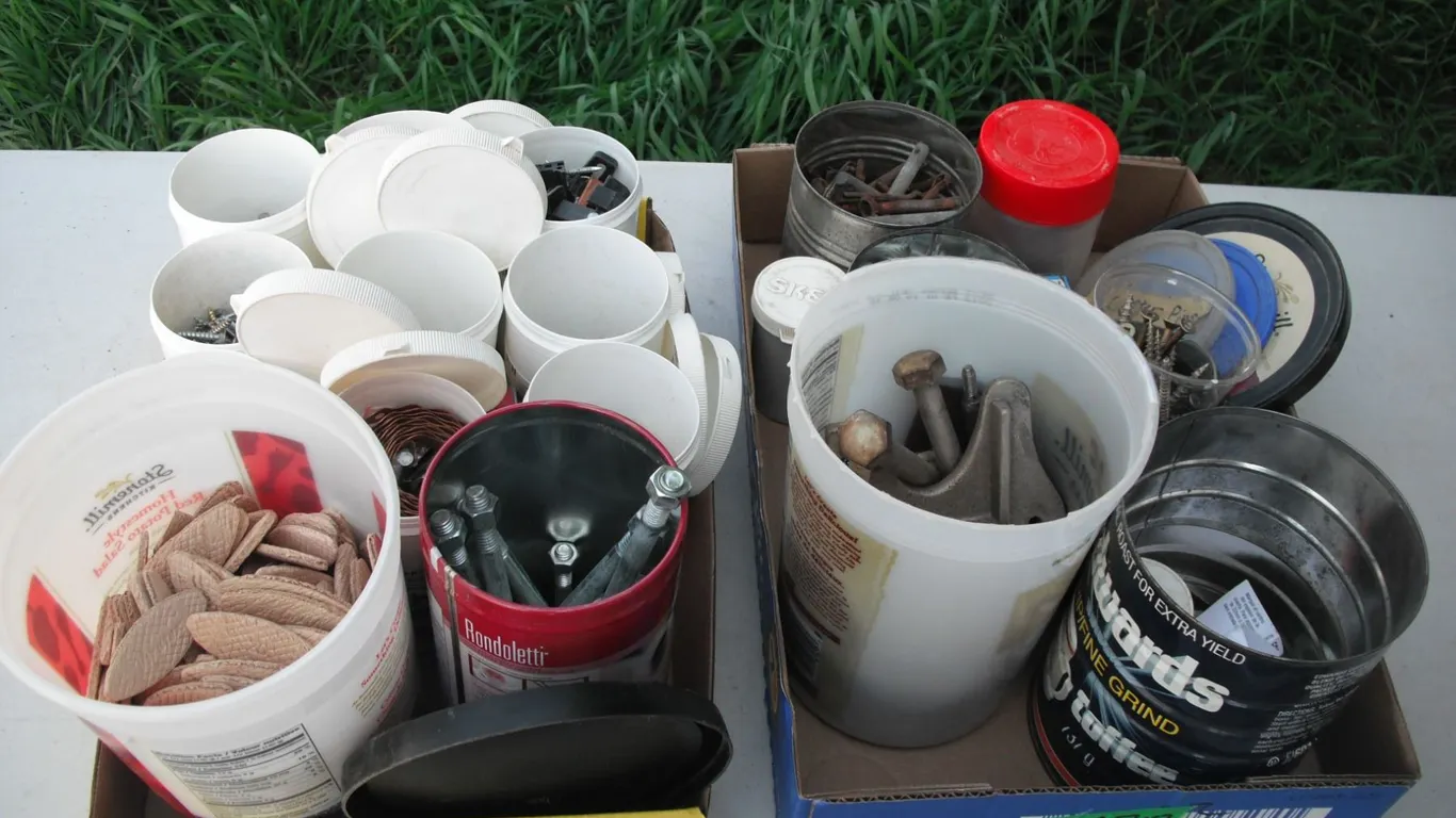assorted screws, bolts, pins, joiner bisuits, etc.