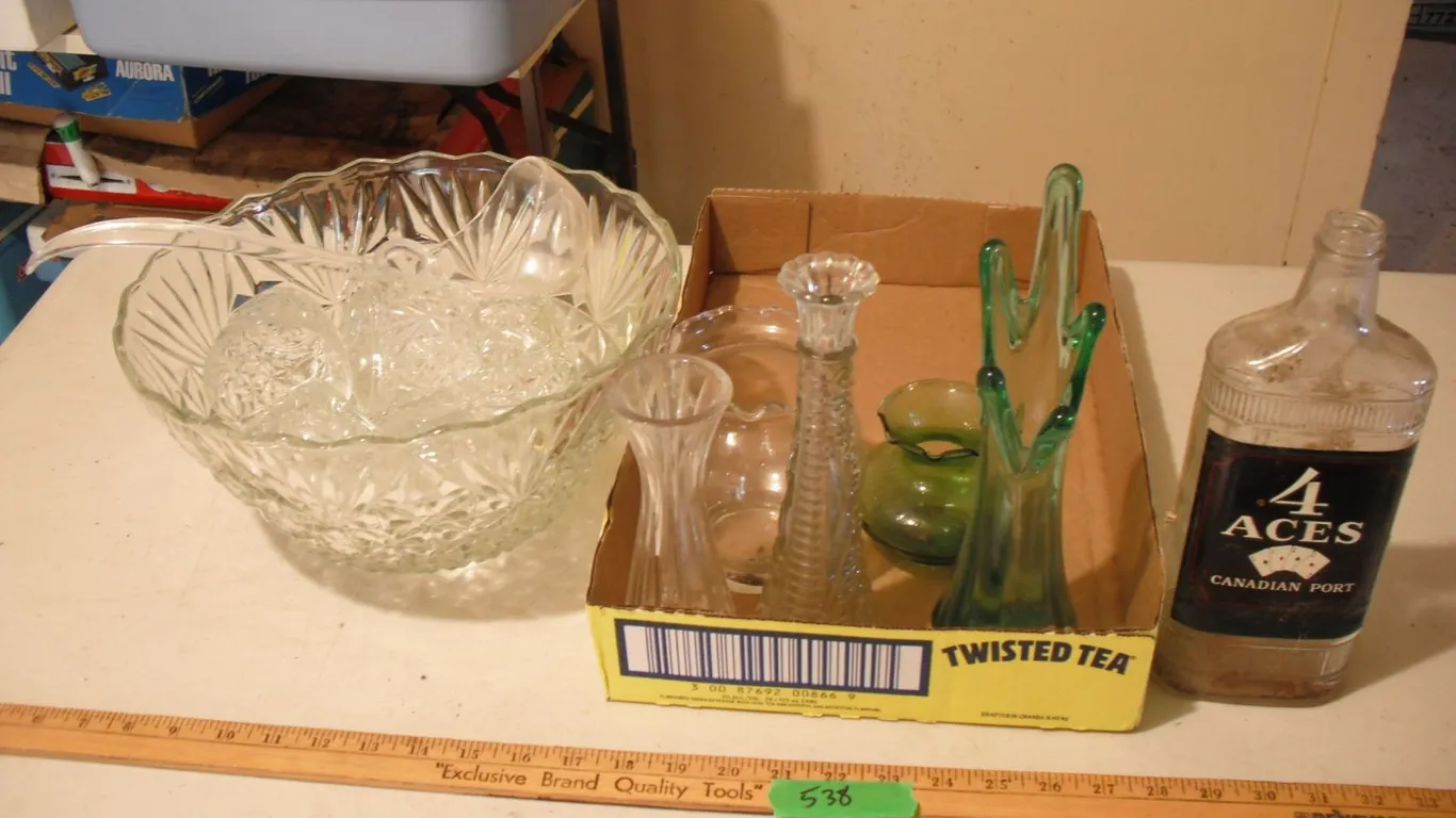 punch bowl set, vases & liquor bottle