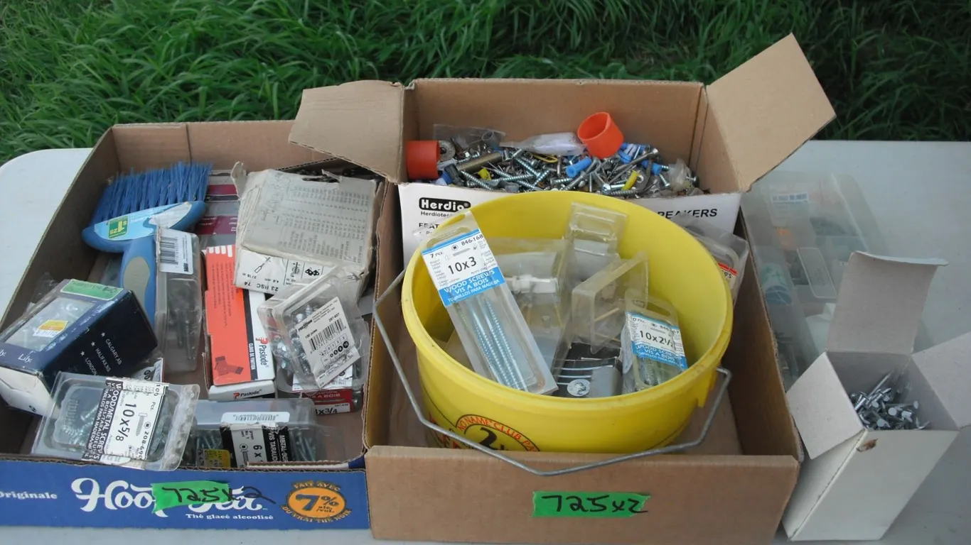 assorted screws, hinges, hardware, etc.