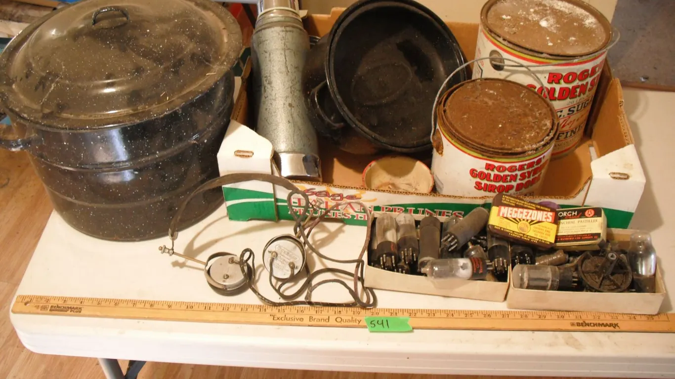 canning pot, tins, old fuses, etc.