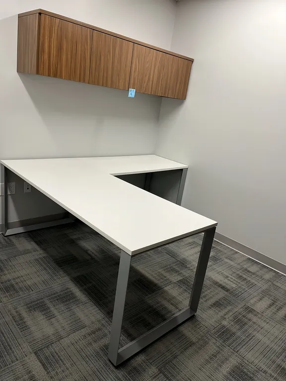 Allsteel Terrace L-Shaped Office Workstation, 77”x71”, white laminate, metal legs, plus walnut finish wall-mounted hutch cupboard, adjustable keyboard