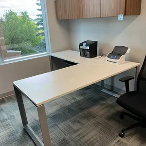 Allsteel Terrace L-Shaped Office Workstation, 77”x71”, white laminate, metal legs, plus walnut finish wall-mounted hutch cupboard, adjustable keyboard