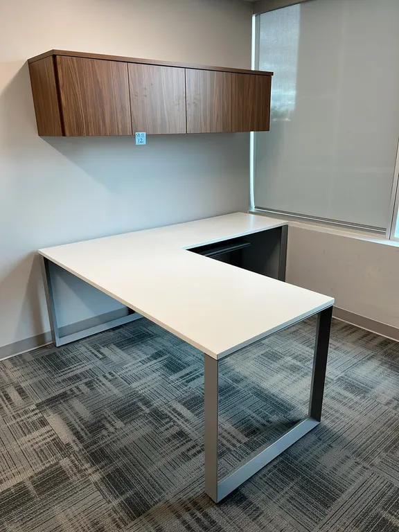 Allsteel Terrace L-Shaped Office Workstation, 77”x71”, white laminate, metal legs, plus walnut finish wall-mounted hutch cupboard, adjustable keyboard