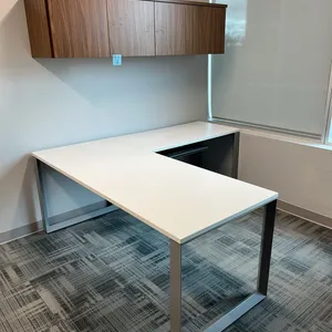 Allsteel Terrace L-Shaped Office Workstation, 77”x71”, white laminate, metal legs, plus walnut finish wall-mounted hutch cupboard, adjustable keyboard